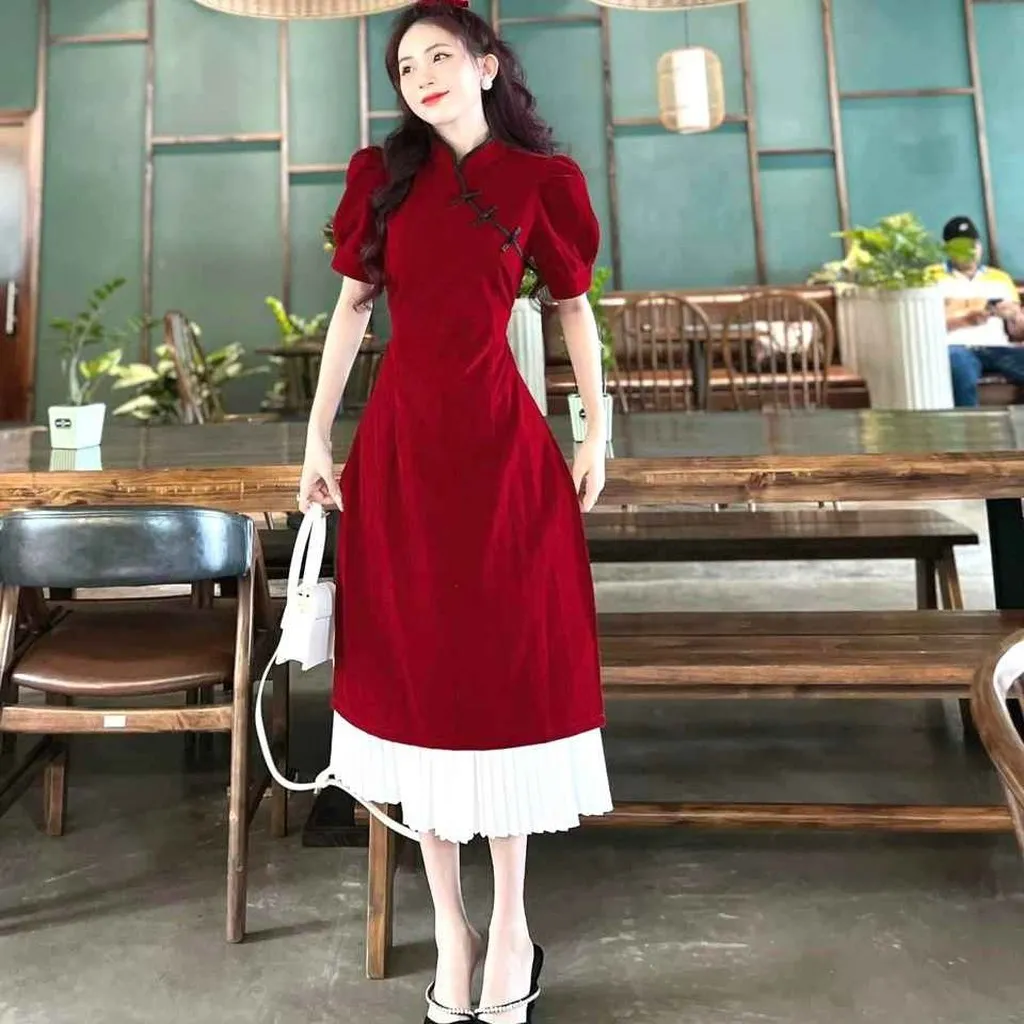 Set Áo Dài Cách Tân Tay Phồng Cổ Tàu, Chân Váy Dập Ly Ct135d - Nana House