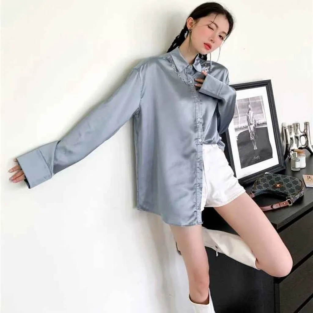 Áo Sơ Mi Satin Phối Vòng Cổ - Mushroom Lee