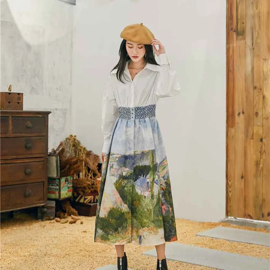 Đầm Sơ Mi Nhúng Eo In Phong Cảnh - Mushroom Lee