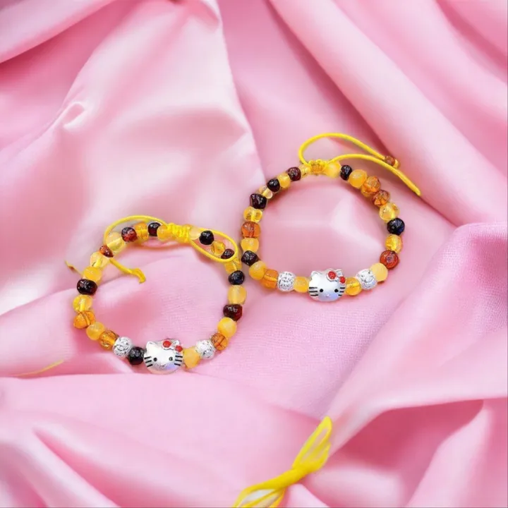 Vòng Tay Hổ Phách Thiên Nhiên Mix Mèo Kitty Bạc Ta Dành Cho Bé - Thắng Giang