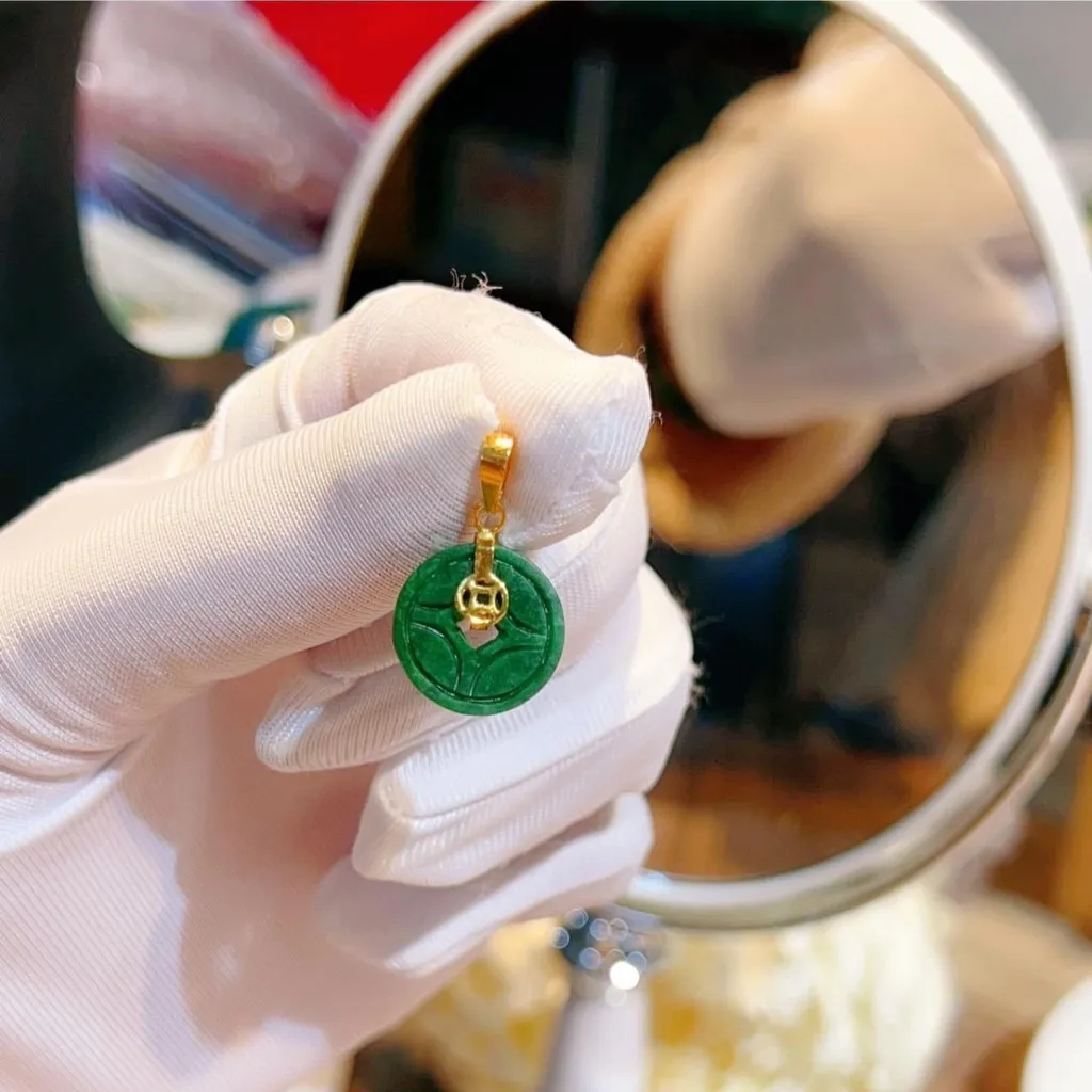 Mặt Dây Chuyền Xu Ngọc Cẩm Thạch Sơn Thủy Thiên Nhiên Móc Treo Hạt Chanh Vàng Tây 10 Kara Chuẩn Có Thẻ Hóa Đơn - Thắng Giang