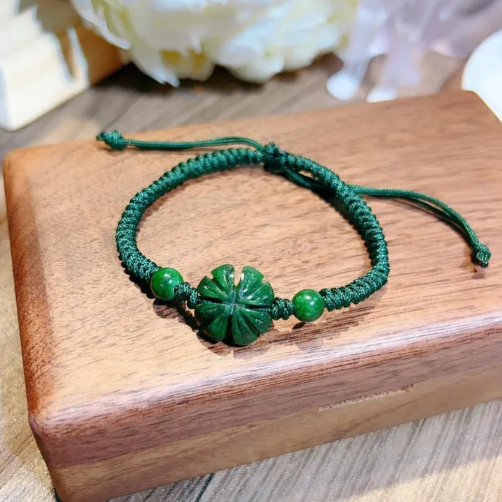 Vòng Tay Cỏ Bốn Lá Ngọc Cẩm Thạch Sơn Thủy Phối Hai Hạt Ngọc - Thắng Giang