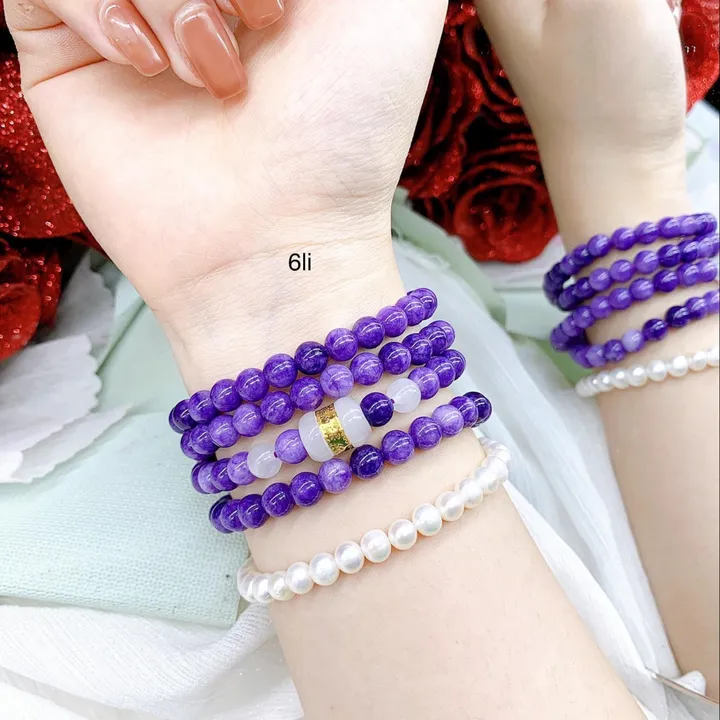 Alternative view of Vòng Tay Thạch Anh Tím 108 Hạt - 6 Ly Phối Lu Ngọc Giác Vàng 24k - Freesize