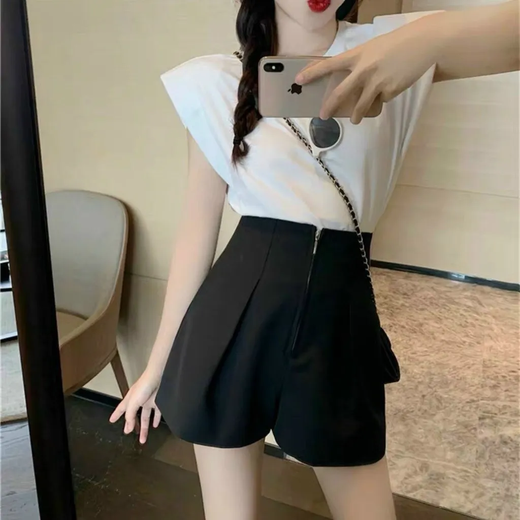 Quần Short Cạp Cao Khóa Giữa Tôn Dáng, Quần Sooc Ống Rộng Chất Tuyết Mưa - Dmastore