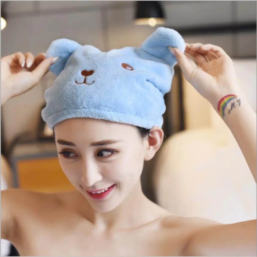 Mũ Trùm Đầu Ủ Tóc Hình Gấu Siêu Tiện Ích, Khăn Làm Khô Tóc Dạng Mũ Đa Năng - Dmastore