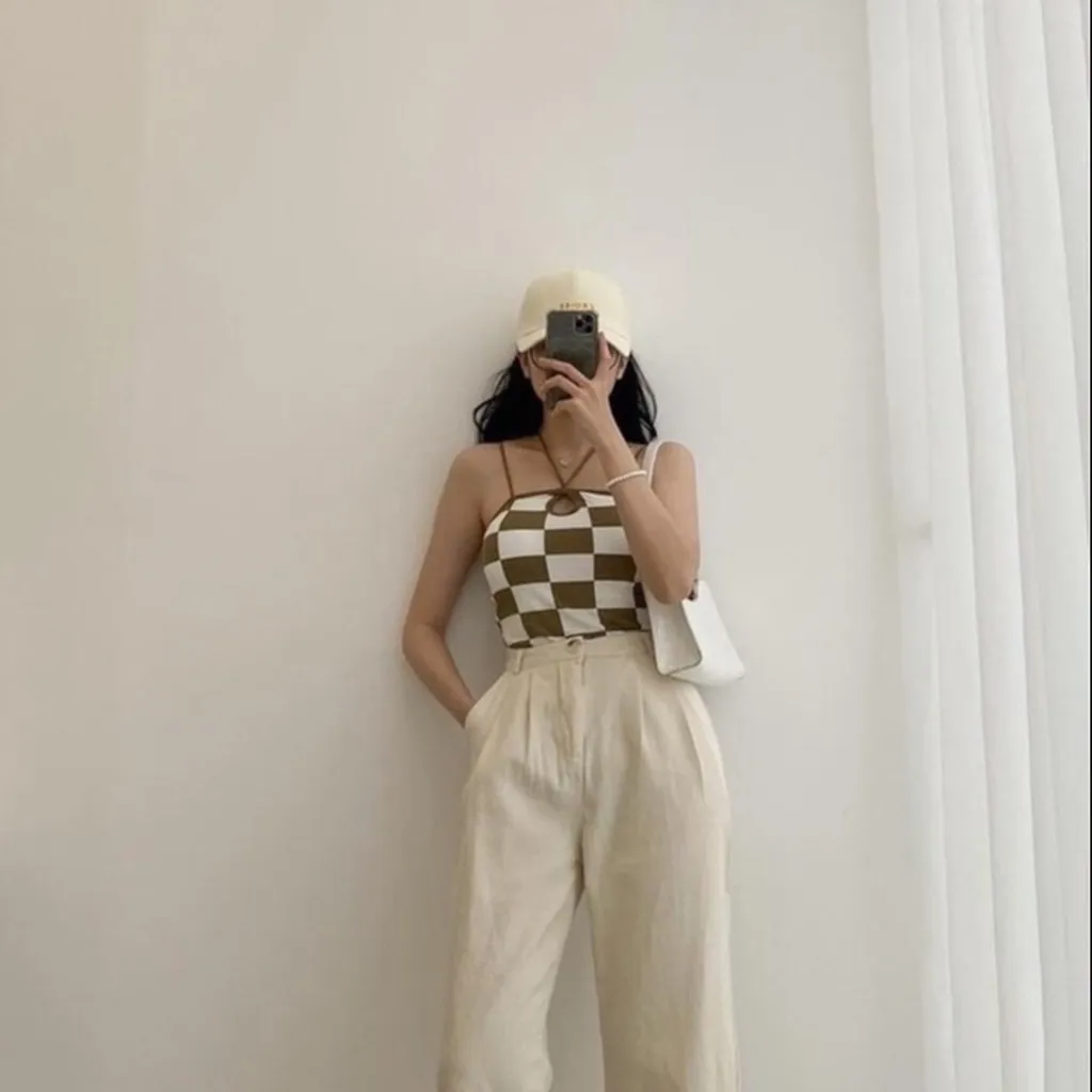 Alternative view of Áo 2 Dây Dáng Croptop Kẻ Ô Caro Phối Dây Cổ - Diepchi Fashion