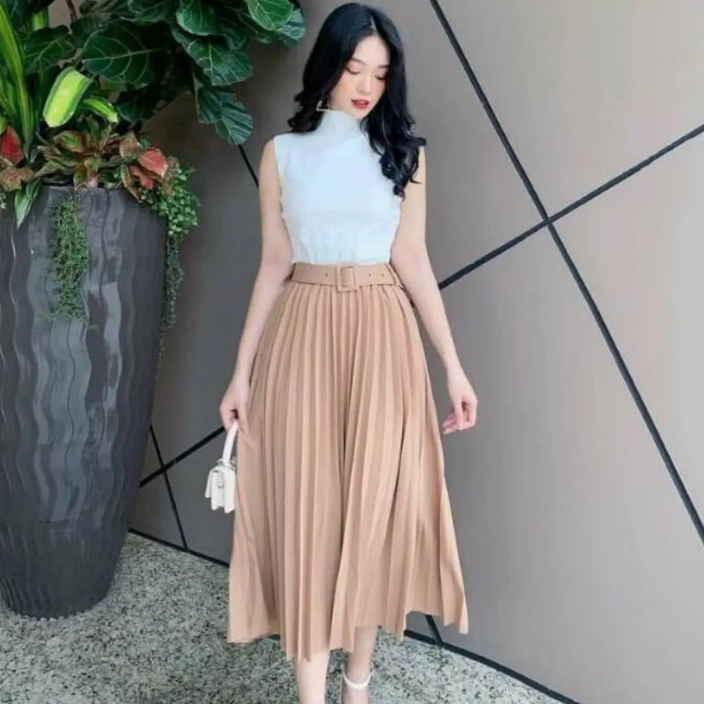 Chân Váy Xếp Ly Kèm Đai Hàng Quảng Châu Chất Đẹp, Chân Váy Xoè Dài Xếp Ly Thời Trang - Dmastore