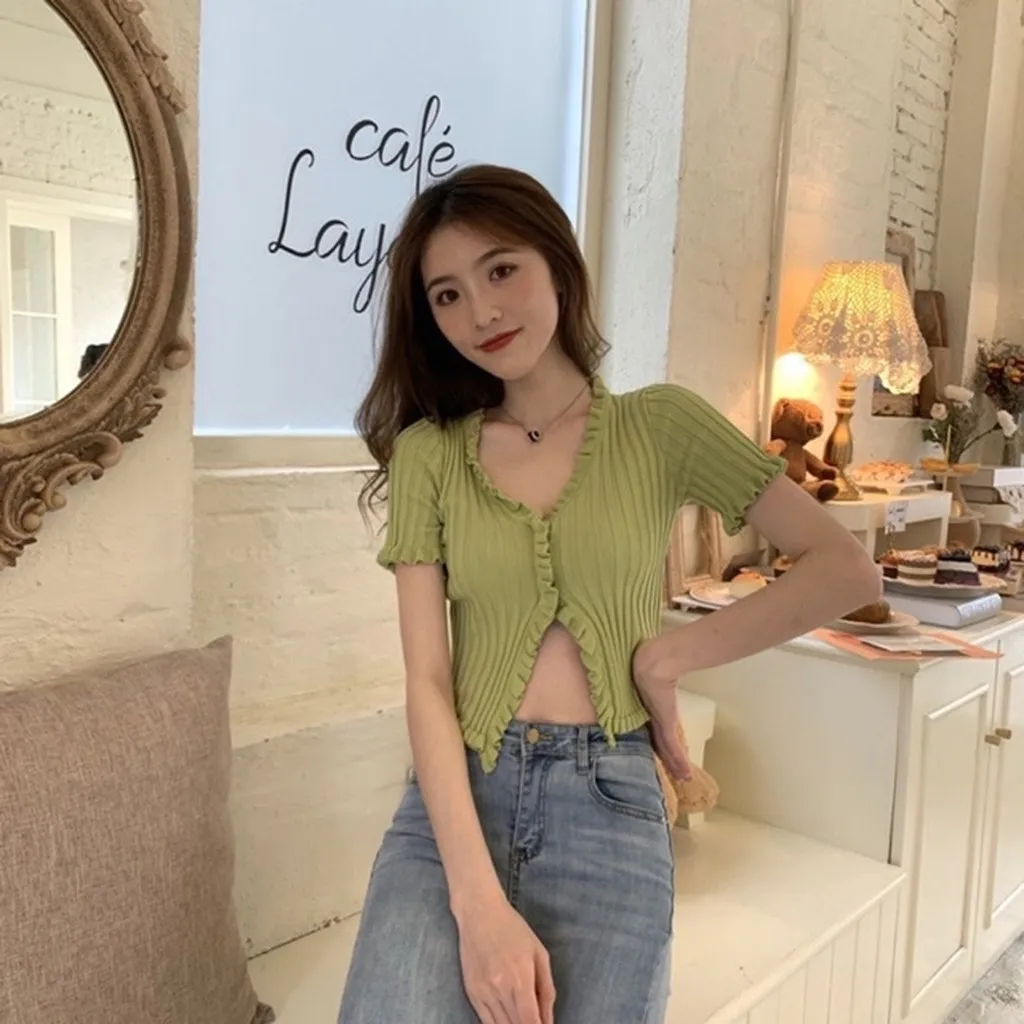 Alternative view of Áo Len Nữ Dáng Croptop Phối Viền Bèo Siêu Xinh - Chipxinhxk