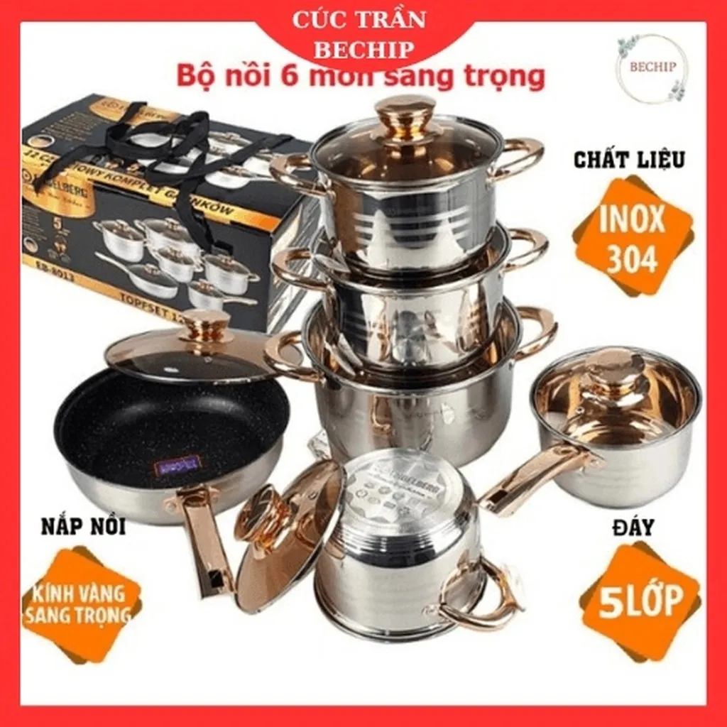 Bộ Nồi Đức Inox 6 Món, 12 Chi Tiết, Nắp Kính, Sang Trọng Ctb61 - Bechip