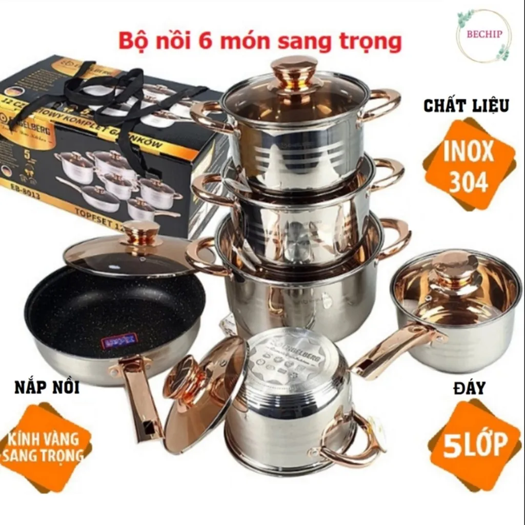 Alternative view of Bộ Nồi Đức Inox 6 Món, 12 Chi Tiết, Nắp Kính, Sang Trọng Ctb61 - Bechip