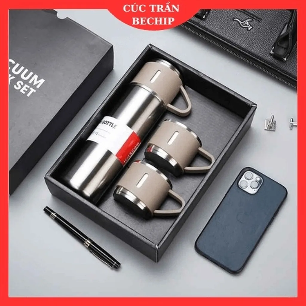 Bộ Bình Giữ Nhiệt Inox Kèm 2 Cốc Sang Trọng 500ml Vacuum Flask Ctb68 - Bechip