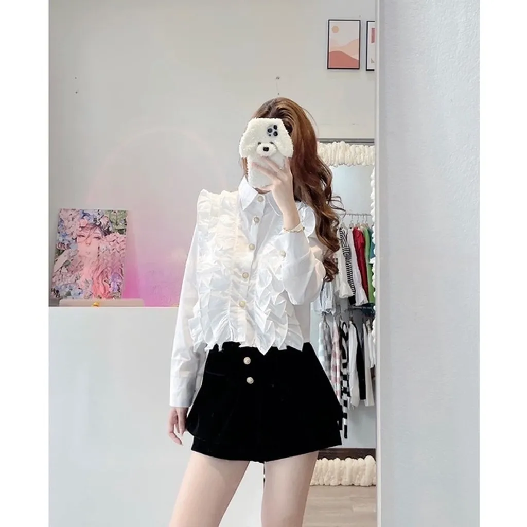 Áo Sơ Mi Nữ Dài Tay Phối Nhiều Lớp Ren Bèo Trước Ngực- Chipxinhxk