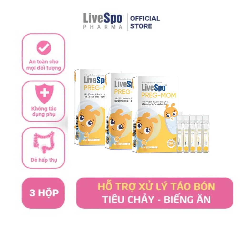 Combo 3: Hỗ Trợ Giảm Táo Bón, Rối Loạn Tiêu Hóa Livespo Preg-mom Hộp 20 Ống - Livespo Pharma