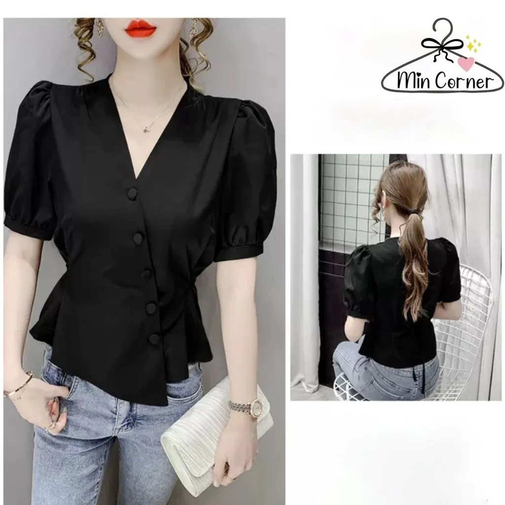 Áo Tiểu Thư Cổ V Thắt Eo Tay Bồng Chất For Nhật Cao Cấp Ms2 - Min Corner