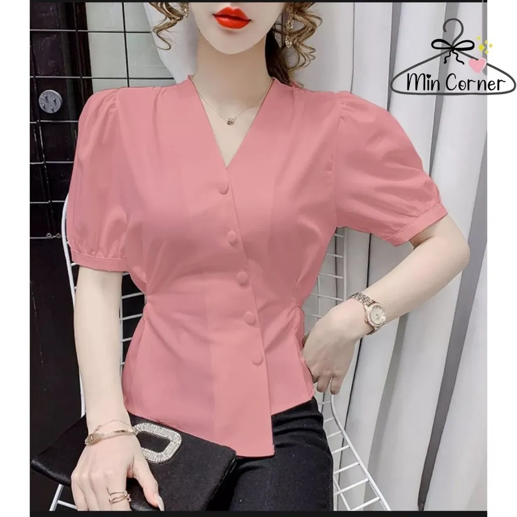 Alternative view of Áo Tiểu Thư Cổ V Thắt Eo Tay Bồng Chất For Nhật Cao Cấp Ms2 - Min Corner