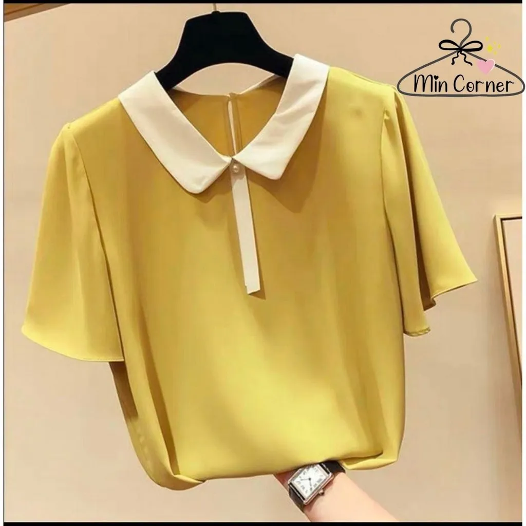 Áo Sơ Mi Nữ Kiểu Hàn Quốc Cổ Phối Trắng Chất Tơ Cao Cấp Ms4 - Min Corner