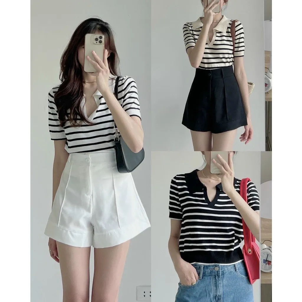 Áo Len Nữ Cổ Bẻ Kẻ Ngang Với 3 Nền Màu Khác Nhau Cực Xinh Alpl - Diepchi Fashion