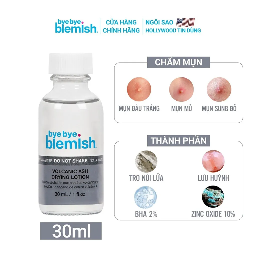 Lotion Chấm Mụn Tro Núi Lửa Giảm Mụn Nhanh Sau 1 Đêm Cho Mụn Đầu Trắng Volcanic Ash Drying Lotion 30ml - Bye Bye Blemish