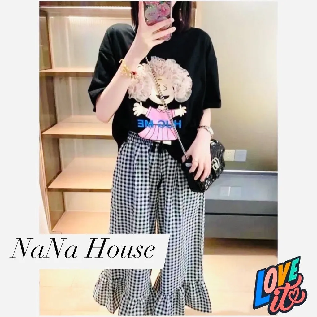 Set Bộ Cô Gái Phối Lưới -quần Suông Caro Lai Bèo Freesize Ct075 - Nana House