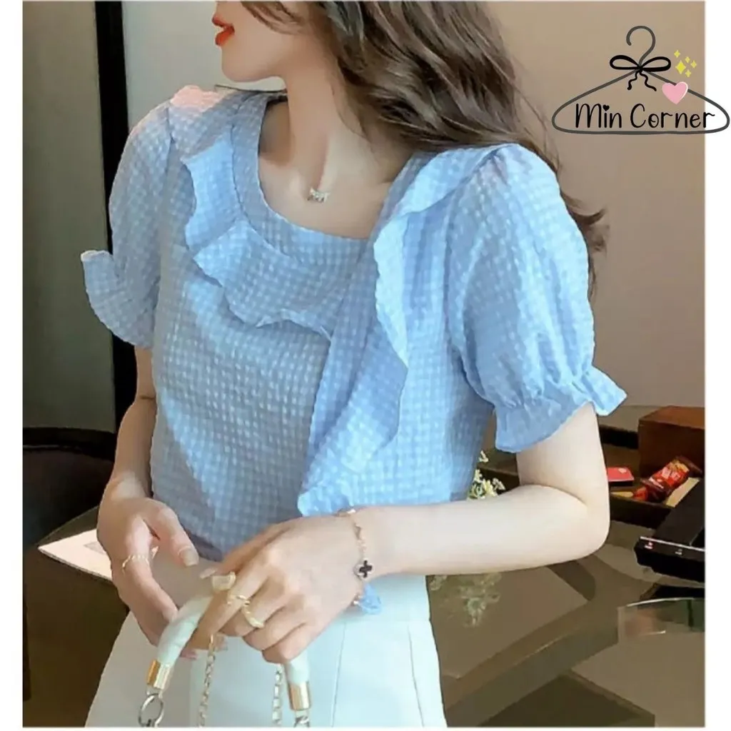 Alternative view of Áo Kiểu Nữ Cổ Xéo Phối Bèo Tay Phồng Chất Kate Xốp Ms6 - Min Corner