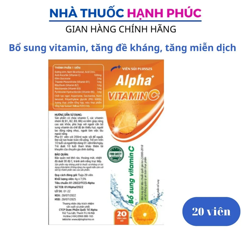 Viên Sủi Alpha Hỗ Trợ Tăng Sức Đề Kháng, Bổ Sung Vitamin C Tuýt 10 Viên - Dược Phẩm Quốc Tế Alpha