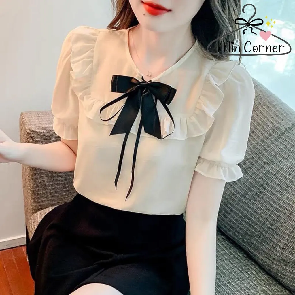 Áo Sơ Mi Nữ Tay Ngắn Đính Nơ Cổ Tròn Chất Voan Ms16 – Min Corner