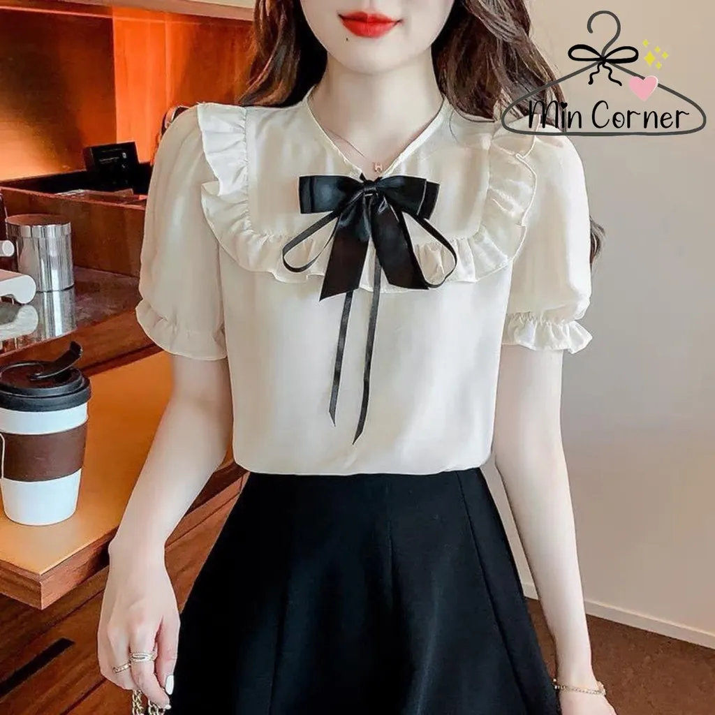 Alternative view of Áo Sơ Mi Nữ Tay Ngắn Đính Nơ Cổ Tròn Chất Voan Ms16 – Min Corner
