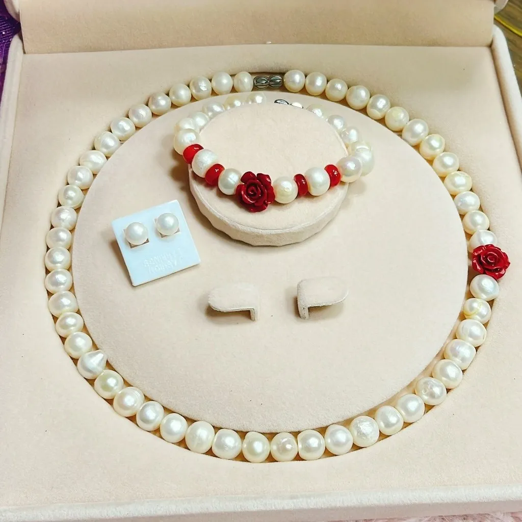 Bộ Trang Sức Ngọc Trai Nuôi Thiên Nhiên Phối Hoa Mẫu Đơn Chu Sa - Thắng Giang