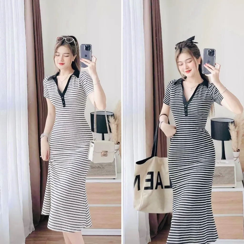 Đầm Váy Polo Nữ Cổ Sơ Mi Thun Cotton ,tay Ngắn Sọc Đen ,trắng Ct570 - Nana House