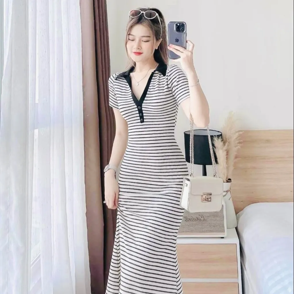Alternative view of Đầm Váy Polo Nữ Cổ Sơ Mi Thun Cotton ,tay Ngắn Sọc Đen ,trắng Ct570 - Nana House