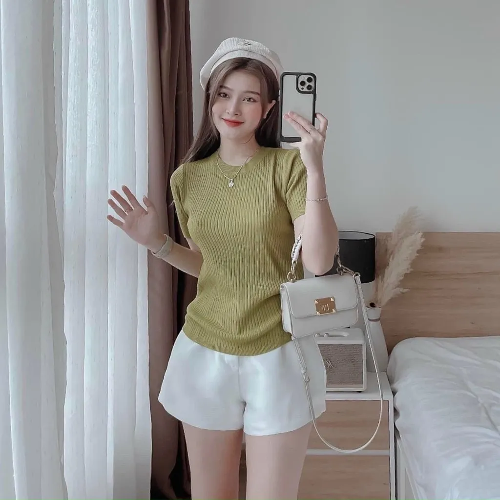 Áo Len Tăm Hàn Quốc Cộc Tay Dáng Ôm Cổ Tròn - Be Yourself
