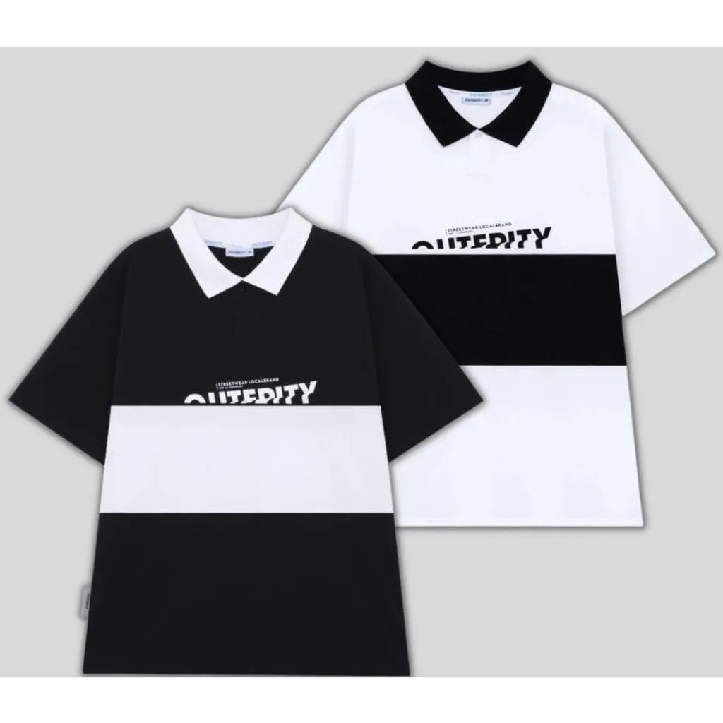 Áo Polo Unisex, Áo Thun Có Cổ Form Rộng Tay Lỡ Phối Màu Đen Trắng