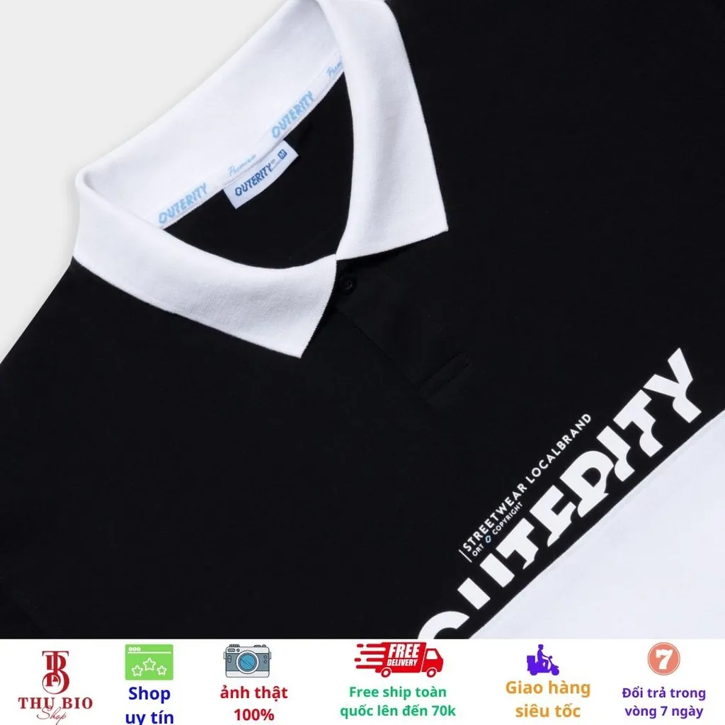 Alternative view of Áo Polo Unisex, Áo Thun Có Cổ Form Rộng Tay Lỡ Phối Màu Đen Trắng