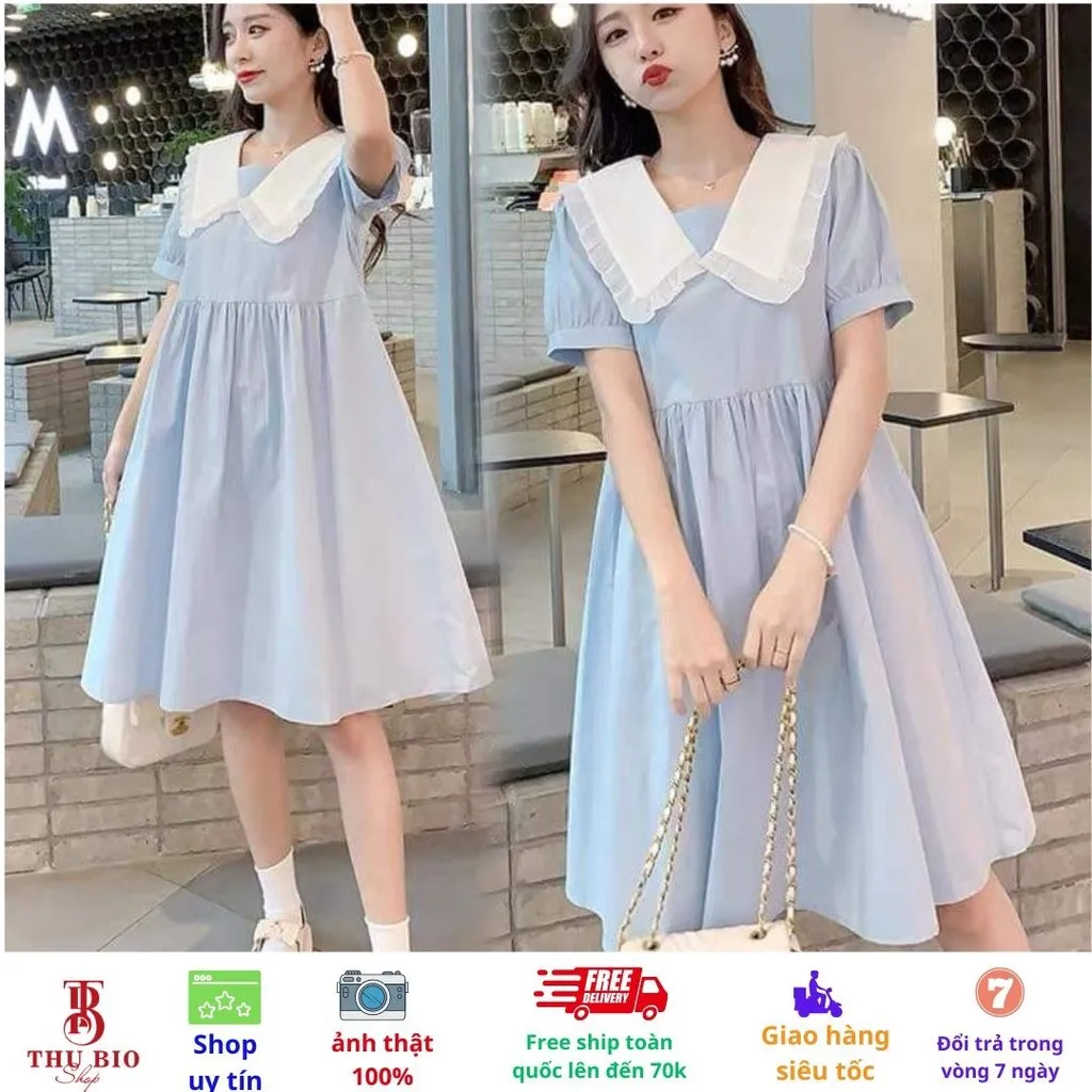 Váy Babydol Tiểu Thu Nữ, Đầm Váy Thiết Kế Màu Xanh Nhạt