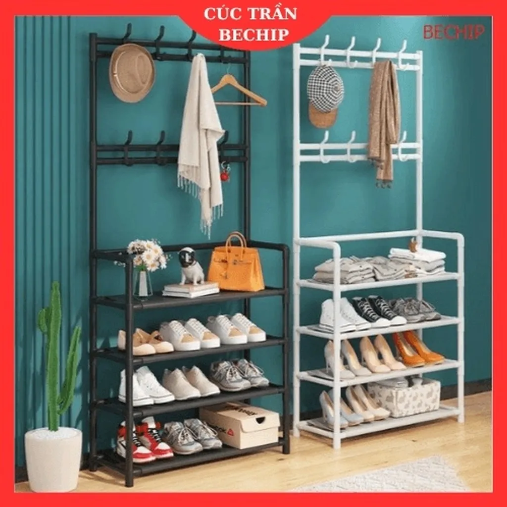 Kệ Để Giày Dép Kèm Móc Treo Quần Áo Đa Năng, Tiện Lợi, Sang Trọng 4 Tầng Ctb88 – Bechip
