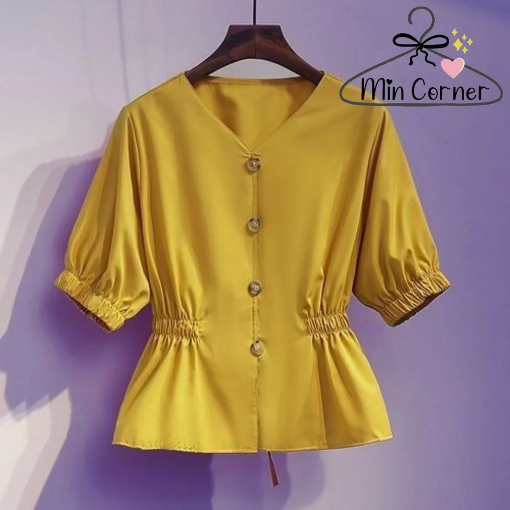 Áo Kiểu Nữ Cổ V Tay Phồng Cột Eo Chất Lụa Mịn Mát - Min Corner