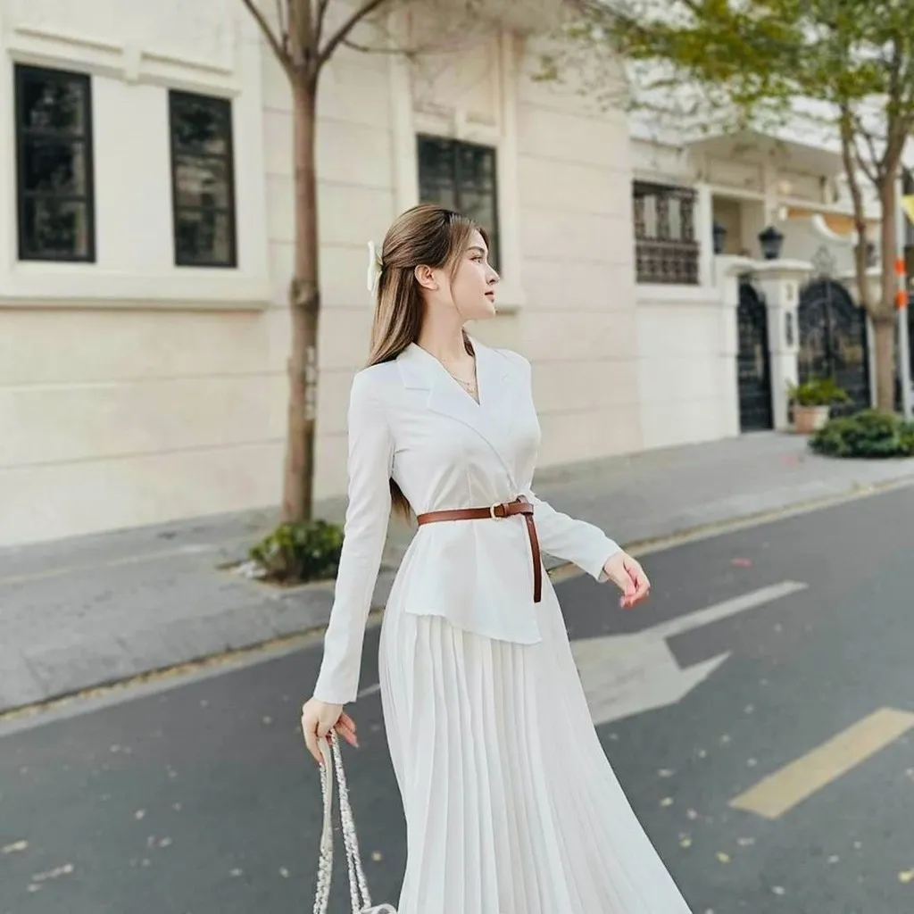 Alternative view of Set Áo Cotton Lạnh Mix Chân Váy Lụa Xếp Ly Kèm Dây Nịt Dd310 - Nana House