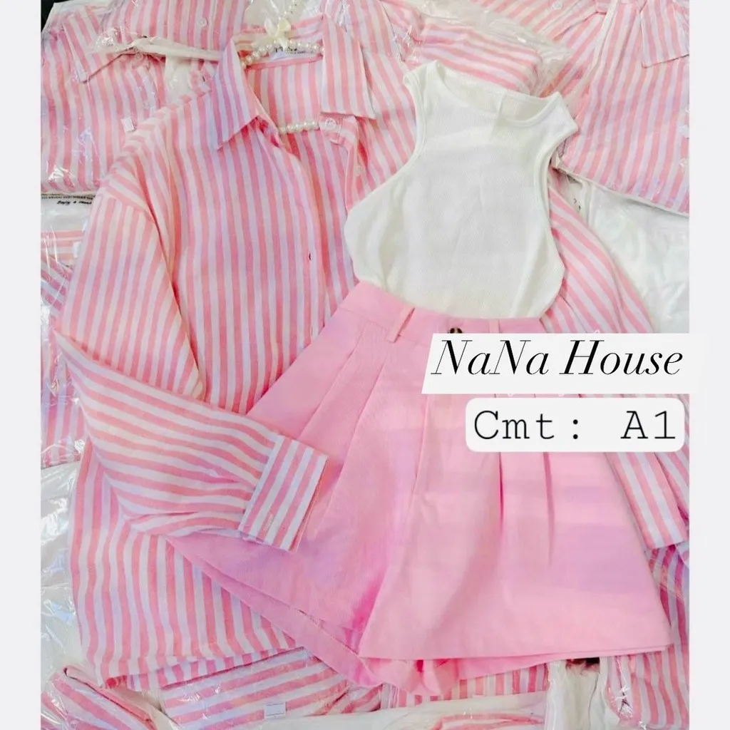 Alternative view of Set 3 Món Áo Kate Sọc Tay Dài Mix Áo Ba Lỗ, Quần Short Hồng Dd011 - Nana House