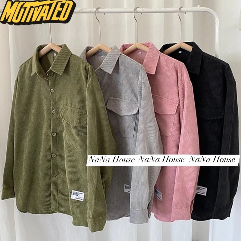 Áo Khoác Sơ Mi Nhung Tăm Gắn Logo Nam Nữ Kiểu Basic Dài Tay, Áo Oversize Dd001 - Nana House