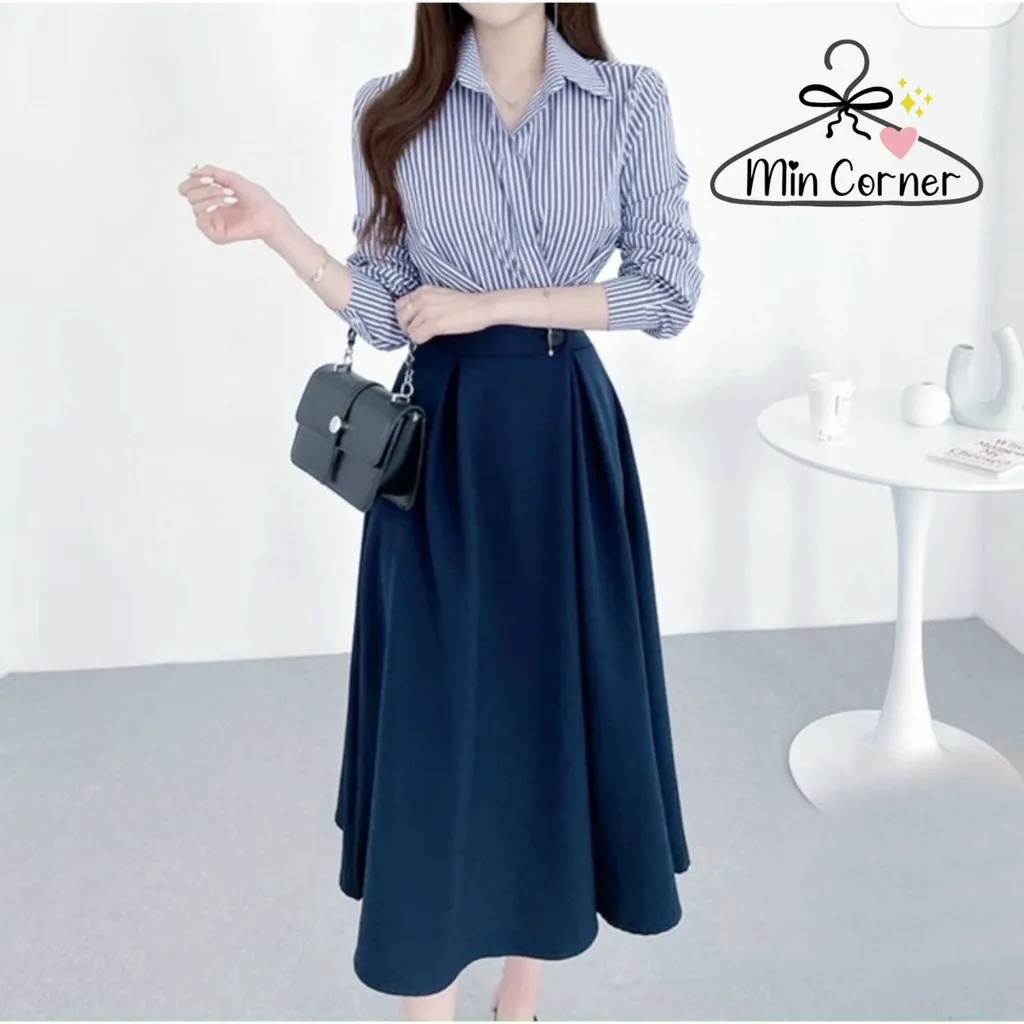 Đầm Xanh Phối Sọc Giả Set Md36 - Min Corner
