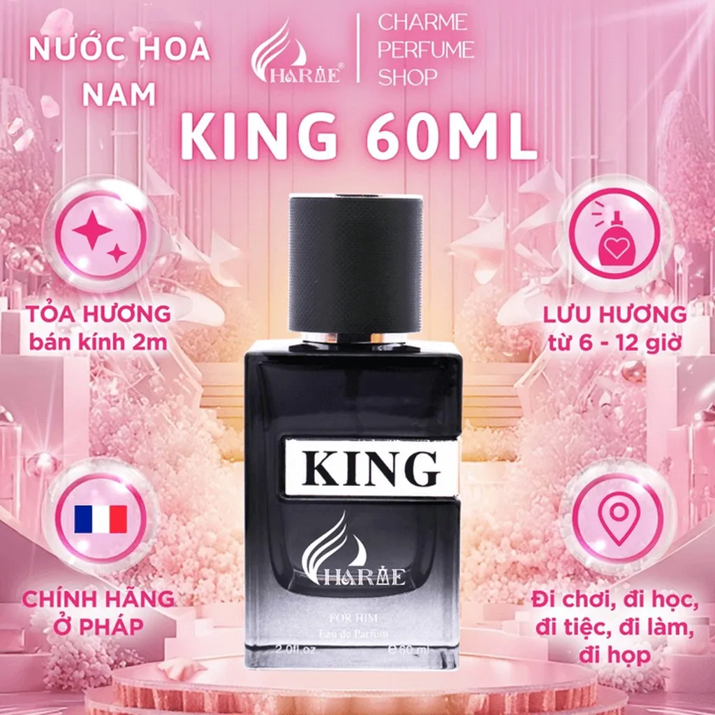 Nước Hoa Nam Charme King Chính Hãng Lưu Hương Thơm Lâu 7-12 Tiếng Hương Gỗ Đầy Lôi Cuốn 60ml - Charme