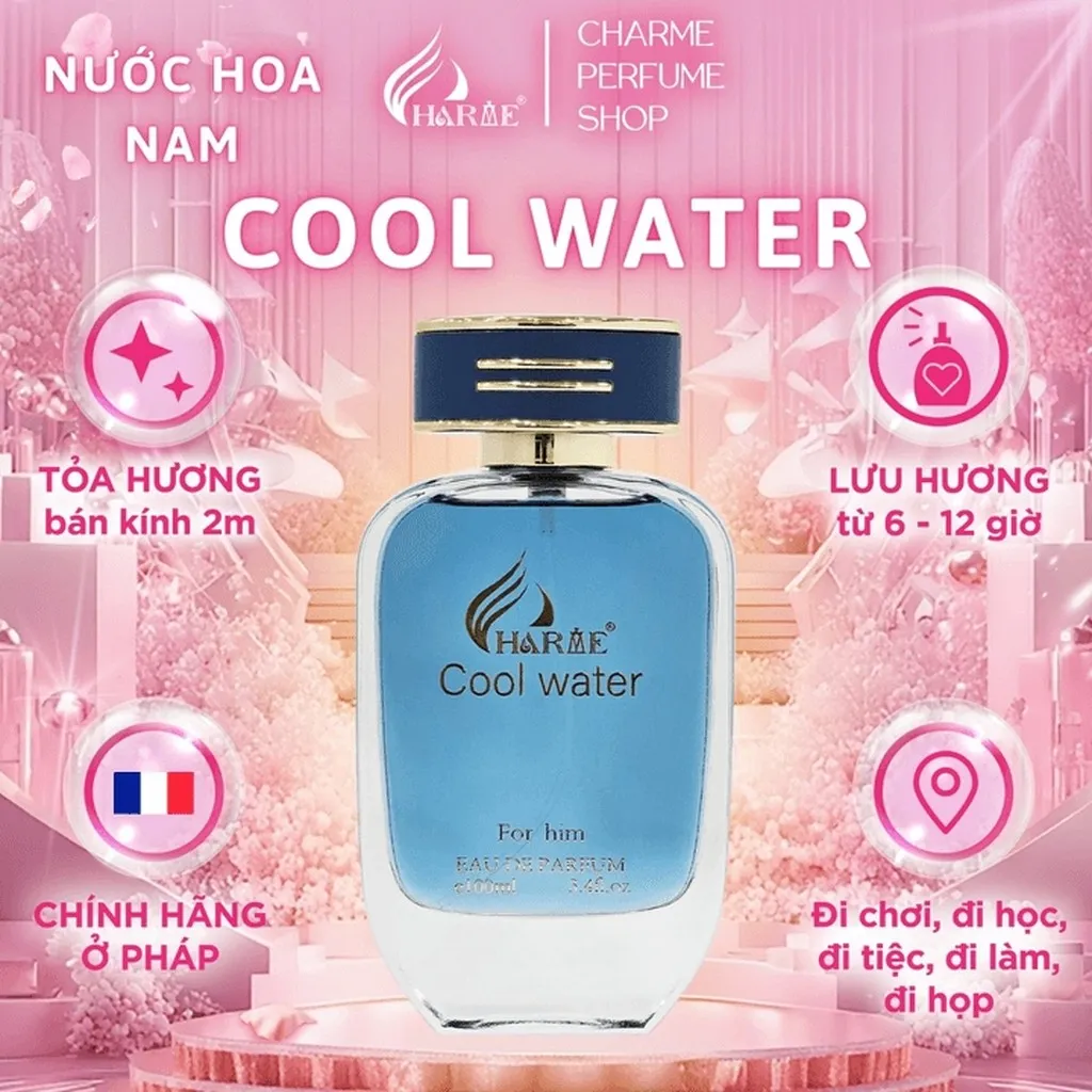 Nước Hoa Nam Charme Cool Water 100ml Lưu Hương Lâu Thơm Mát, Mạnh Mẽ Và Thanh Lịch Cho Các Quý Ông