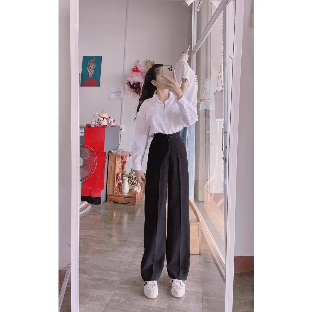 Quần Nữ Ống Rộng Chất Tuyết Mưa Phối Khuy Giữa, Cạp Cao Tôn Dáng Qorkg - Diepchi Fashion