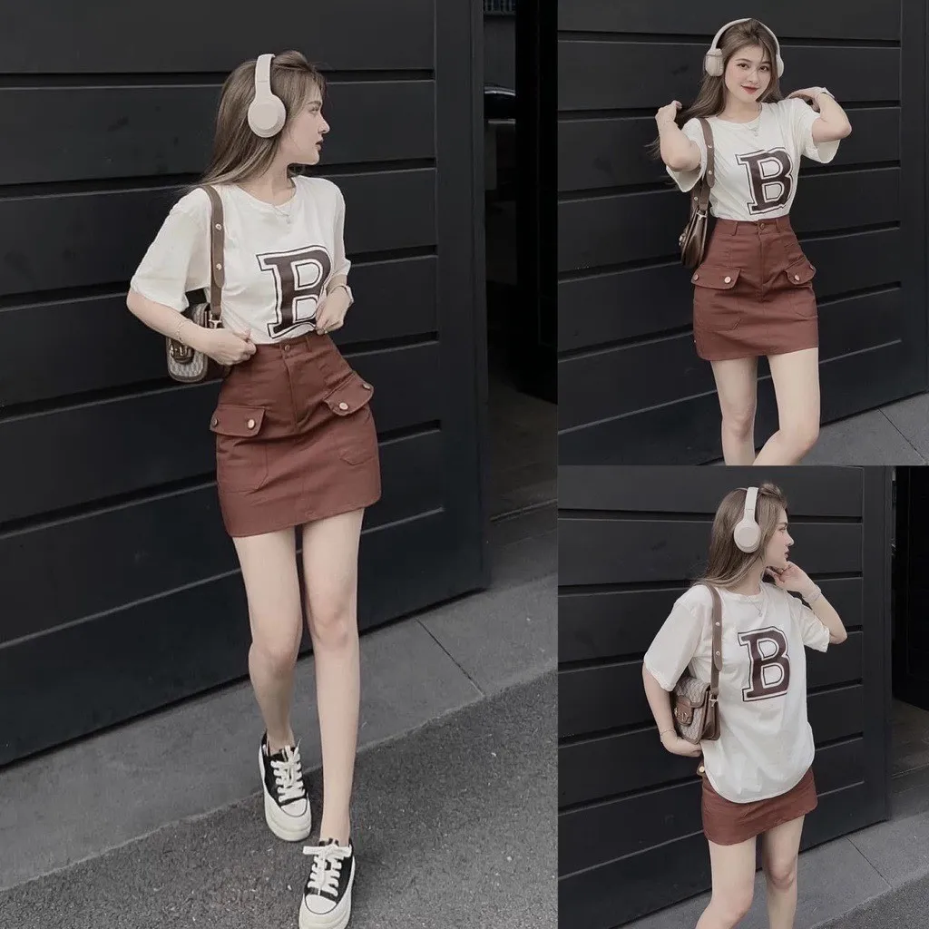 Sét Bộ Đồ Nữ Áo Thun Cotton Mix Chân Váy Chữ A Siêu Xinh Dd9oo1 - Nana House
