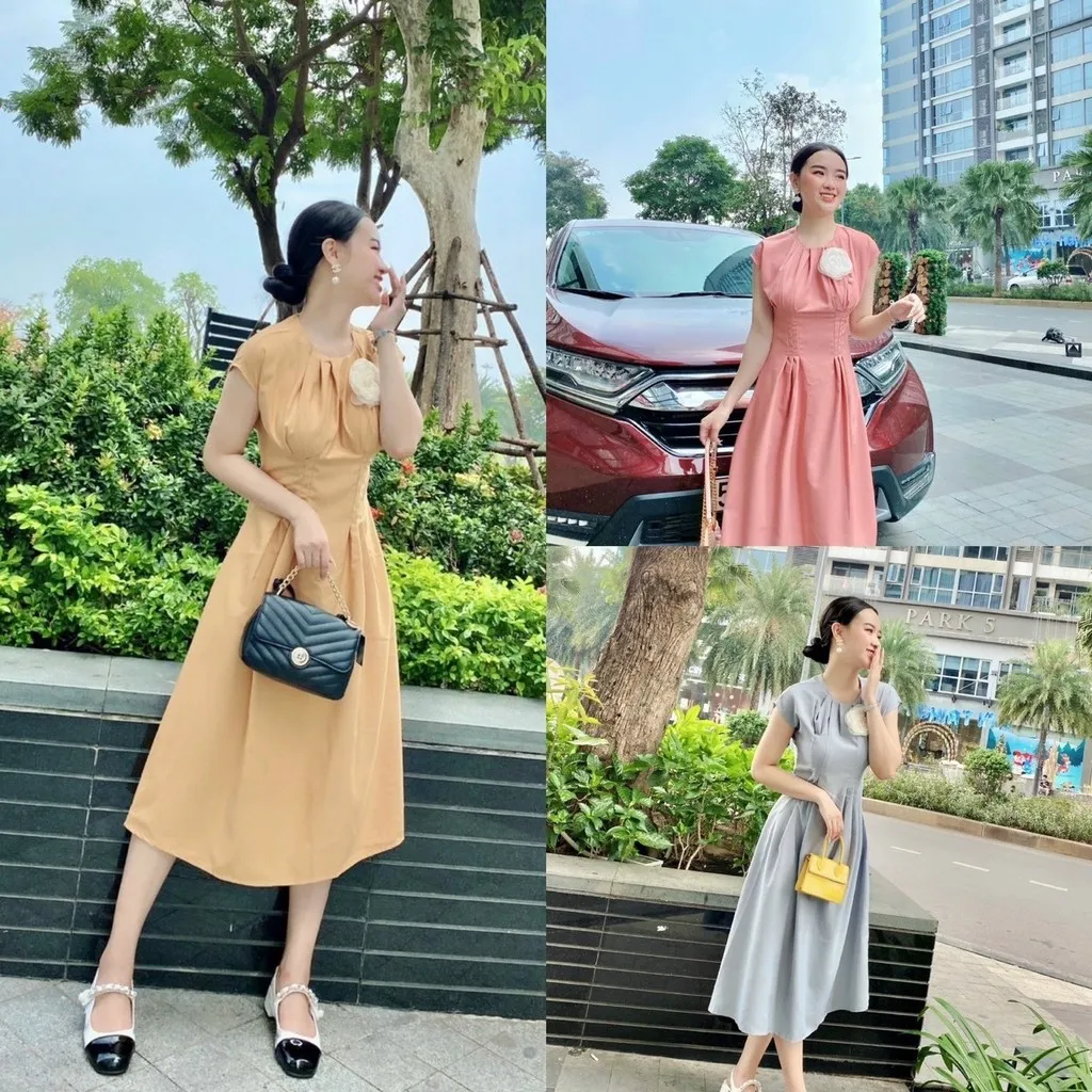 Đầm Lụa Kèm Bông Hoa Ghim Rời Tùy Thích Ct095 - Nana House