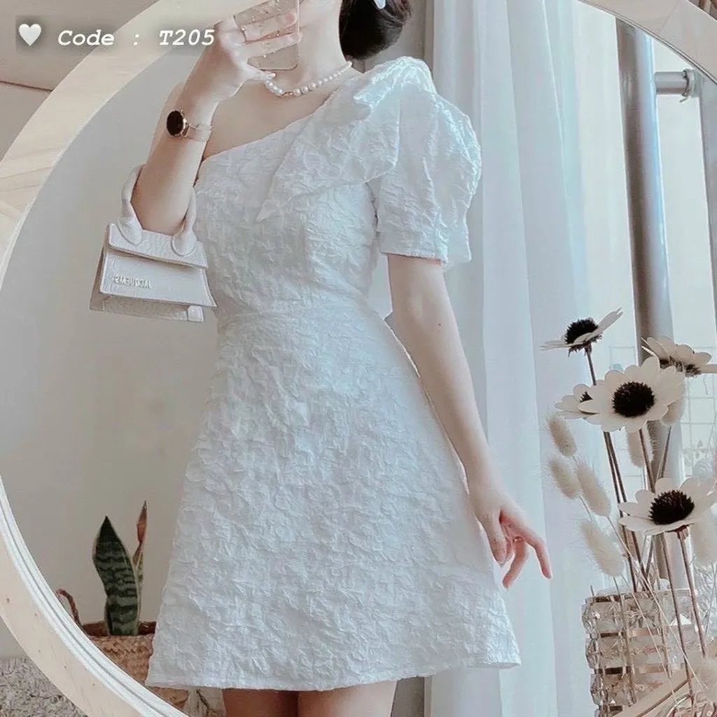 Váy Đầm Trắng Trễ Một Vai Đính Nơ Sang Trọng Chất Xốp Hoa ( Có Mút Ngực) Dd900 - Nana House
