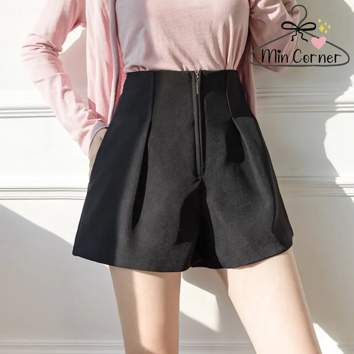 Quần Short Nữ Ống Rộng Lưng Cao Khóa Kéo Trước 2 Màu Đen Trắng Mq18 - Min Corner