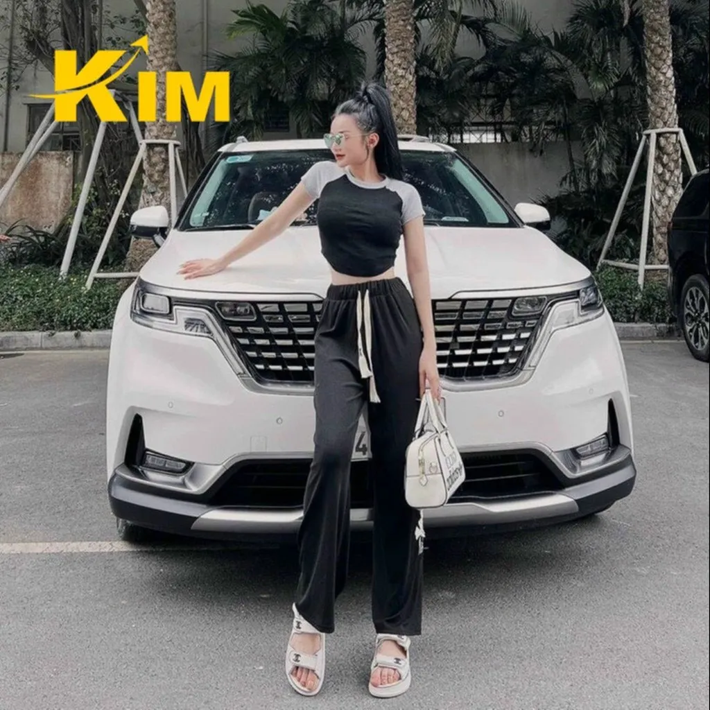 Set Bộ Áo Thun Croptop Phối Quần Ống Suông Thêu - Kim
