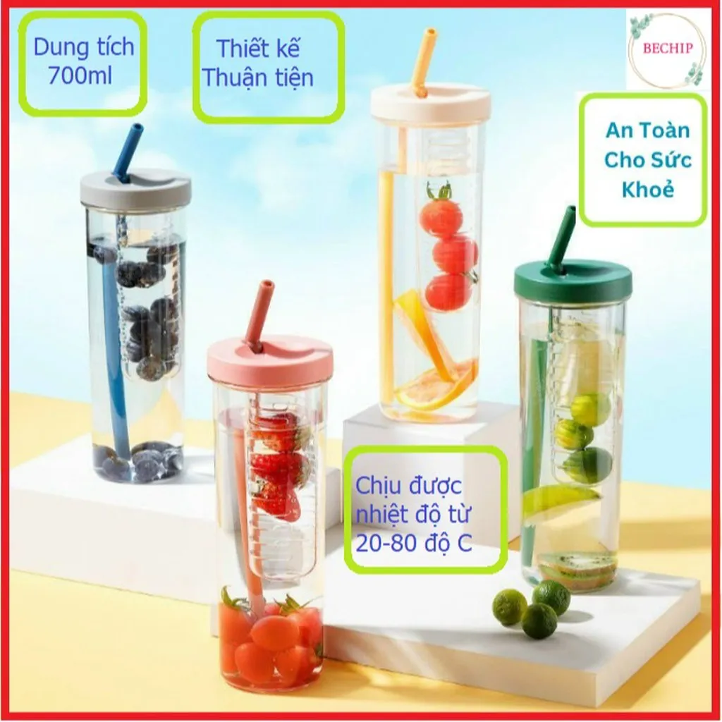 Bình Nước Detox Trong Suốt 700ml Có Ngăn Chứa Hoa Quả Và Ống Hút Tiện Lợi Ctb114 - Bechip
