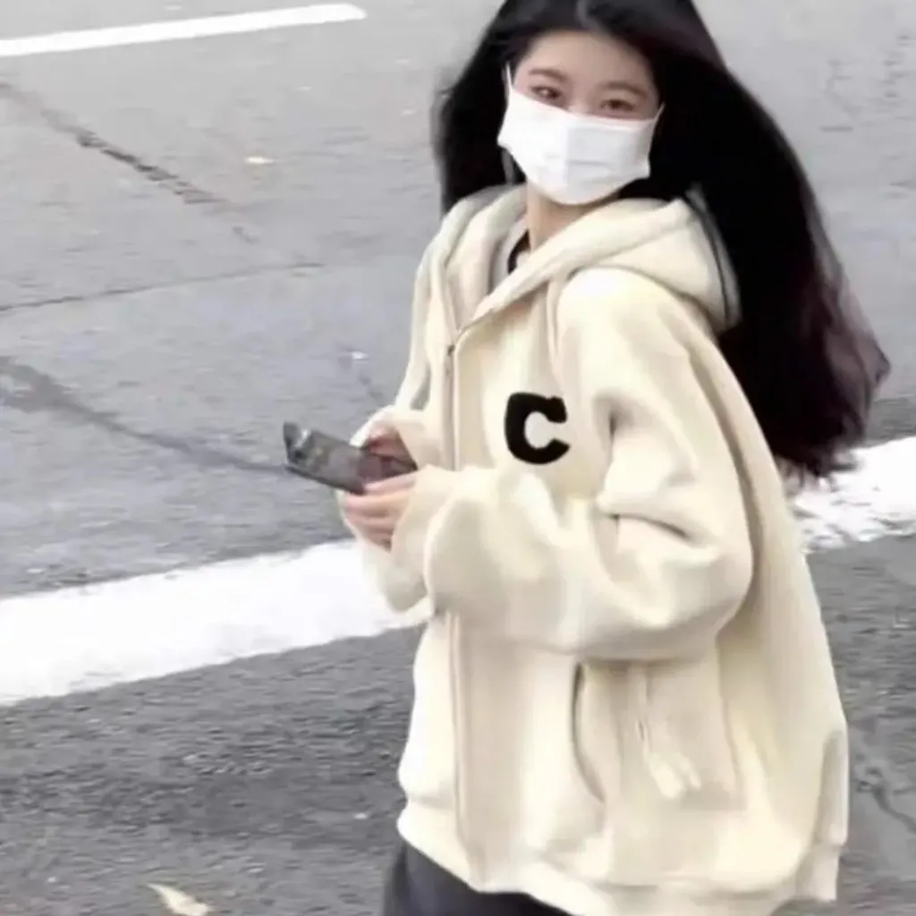 Alternative view of Áo Khoác Nữ, Áo Hoodie Form Rộng Mũ 2 Lớp Chất Nỉ Cotton Chữ C